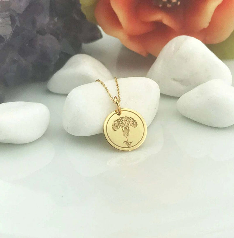 14k yellow gold coin pendant necklace with engraved carnation flower