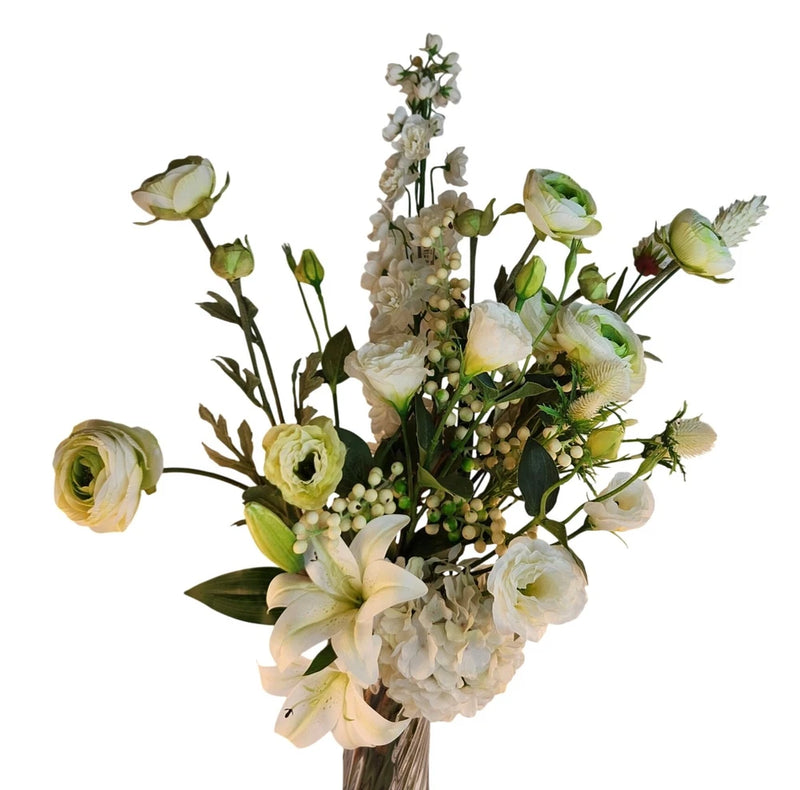 Artificial White Floral Bouquet W/ Lilies Roses & Hydrangeas - 13 Stems Realisti Hydrangea