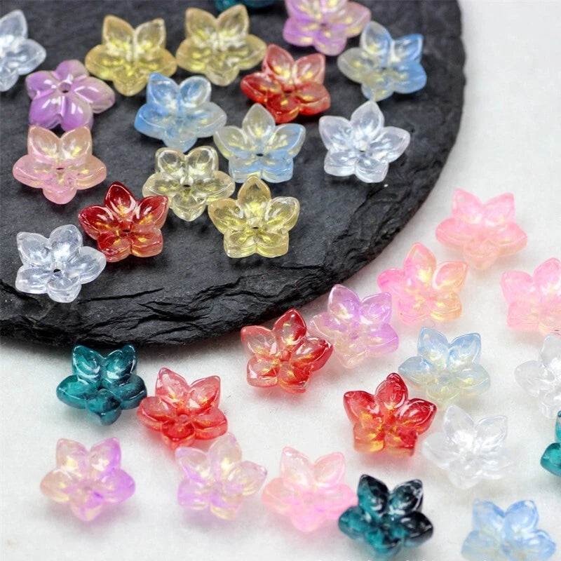 Mixed water lily glass lampwork beads, 12mm, multicolor flower-shaped pieces.