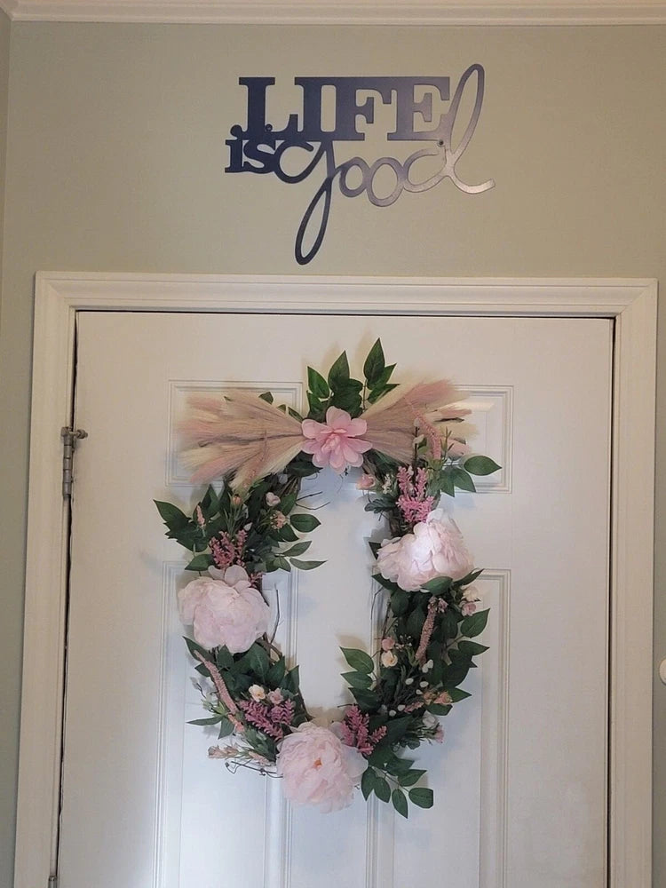 Peony and Spring Mix Spring/Summer Wreath w/Pompas grass for Front Door, Handmad Pampas Grass