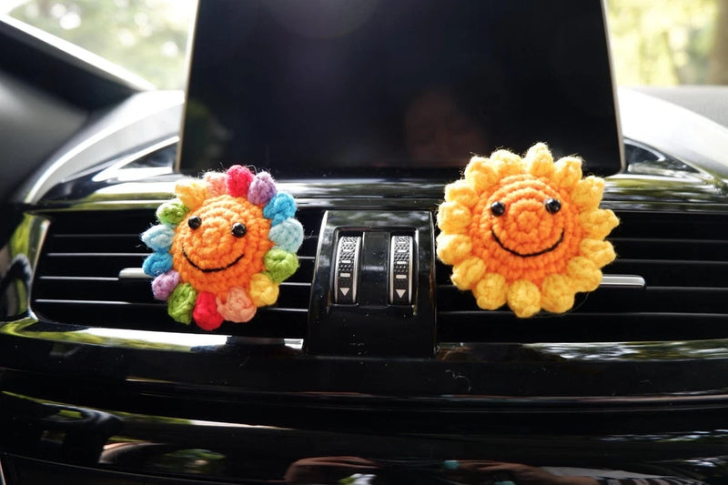 Crochet sunflower car vent clip, flower air freshener, two-piece set