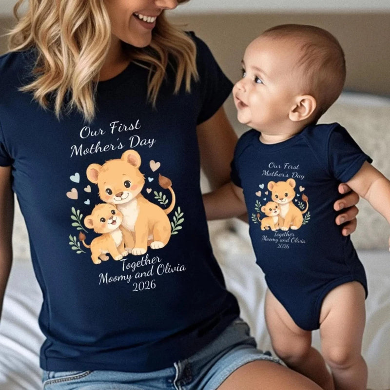 Navy mothers day shirt with bear and hearts graphic, Our First Mother's Day 2026