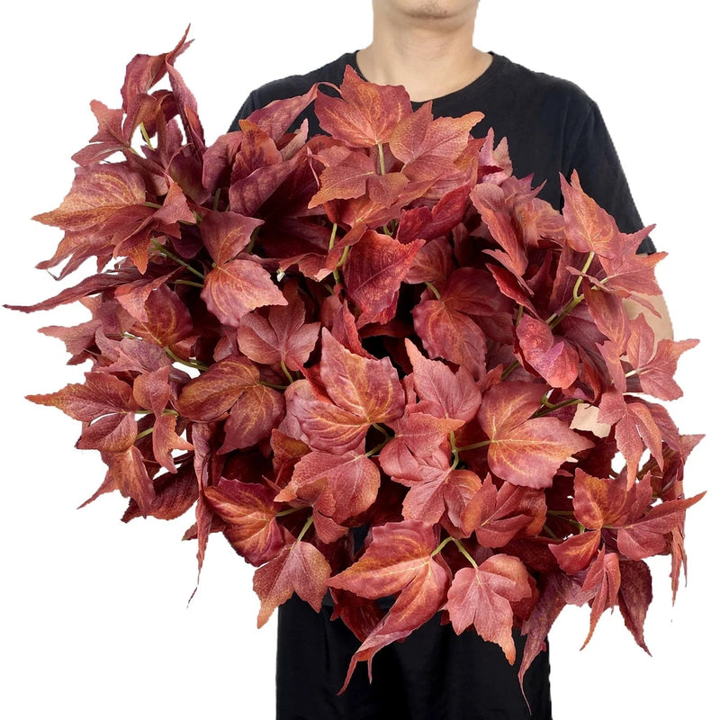 Artificial fall ivy leaf garland, burgundy and rust silk leaves with thin stems