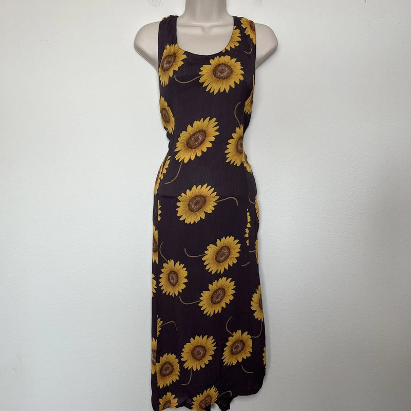 VTG 90s Women Midi Dress Brown Sunflower Floral Goblincore Gremlin Cottage Jumpe Sunflower