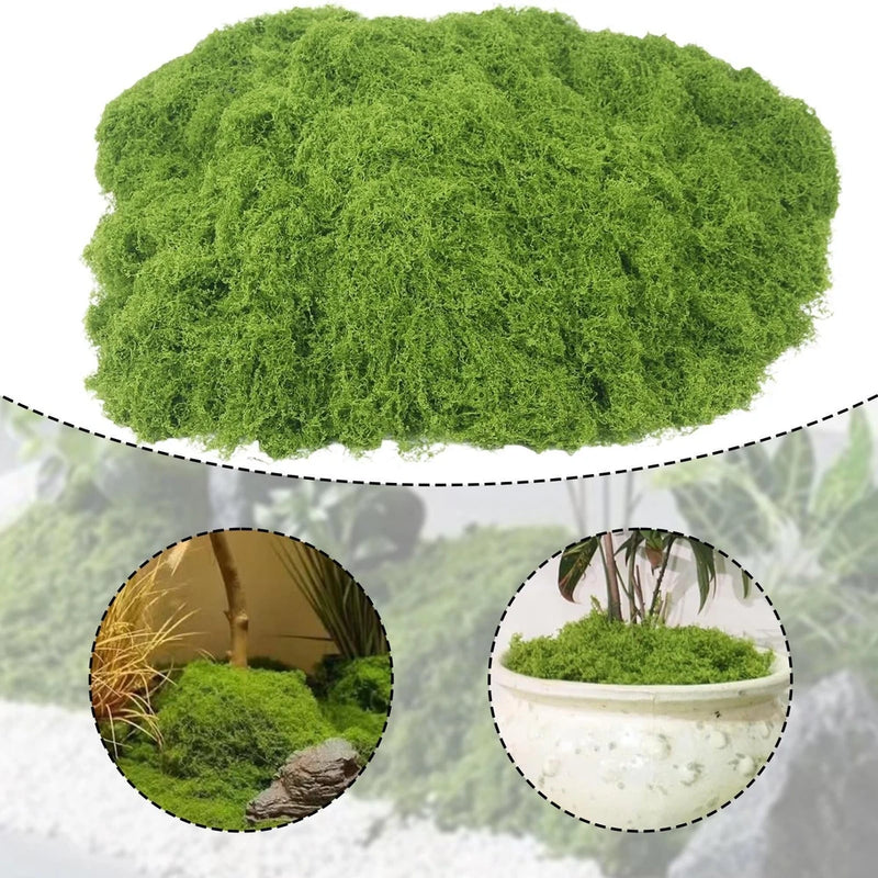 Artificial faux lichen plant, dense bright green mat on display in a white pot