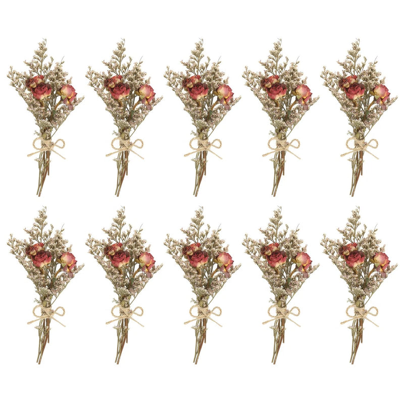 Set of 10 mini dried flower bouquets with dark red roses and white baby's breath bundles