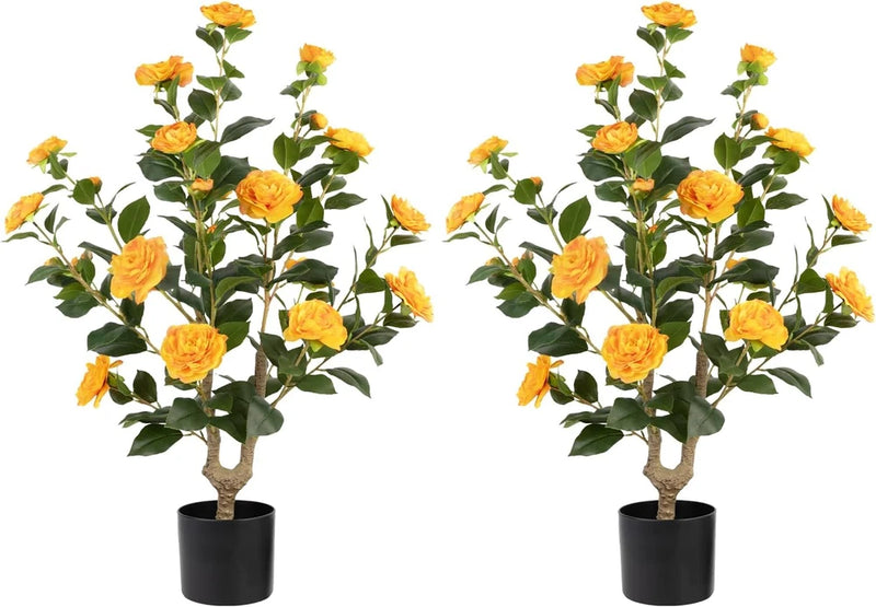 Realistic 2 Pack Artificial Camellia Tree with Orange Flowers in Pot Green Plant