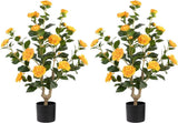 Realistic 2 Pack Artificial Camellia Tree with Orange Flowers in Pot Green Plant