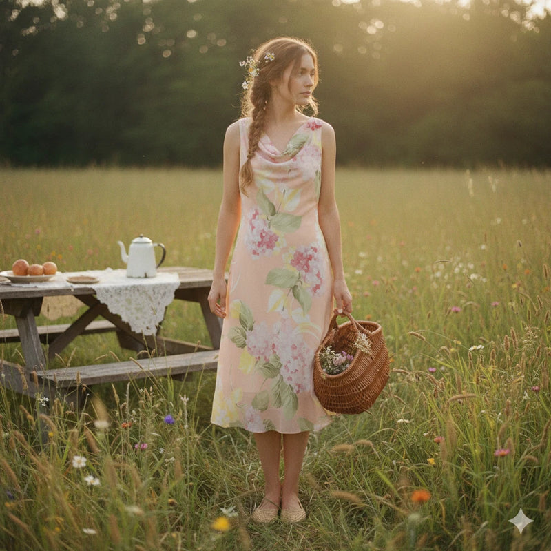 Vintage Y2K Pastel Peach Floral Hydrangea Cowl Neck Chiffon Midi Dress 12 Hydrangea