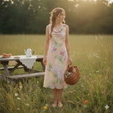 Vintage Y2K Pastel Peach Floral Hydrangea Cowl Neck Chiffon Midi Dress 12 Hydrangea