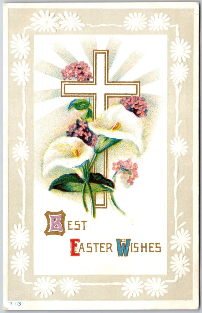 Easter postcard with gold cross, white calla lilies, pink flower clusters, 'Best Easter Wishes'.