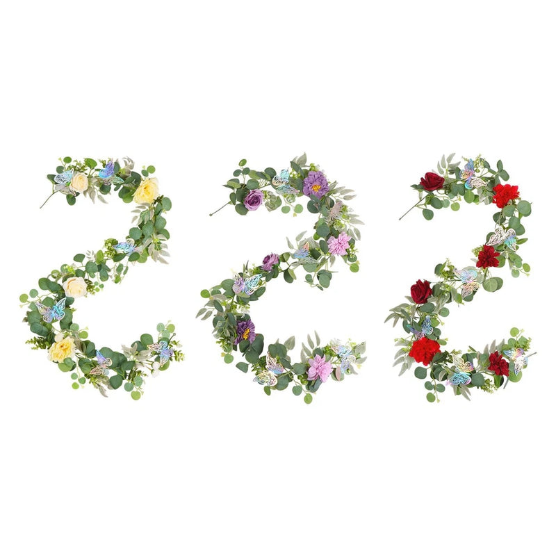 Artificial peony floral garland with mixed blossoms and green foliage, multicolor