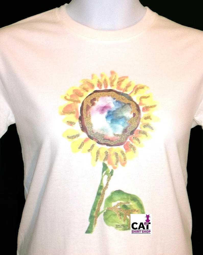 Women’s cream sunflower watercolor T-shirt with glittery flower graphic