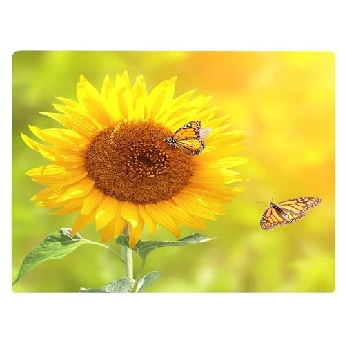 Glass cutting board with sunflower and butterfly floral design, rectangular