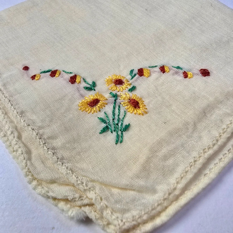Vintage Hankie Embroidered Corner Sunflowers Yellow Floral Flowers Hanky Flowers Sunflower