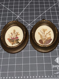 2 Vintage MCM Pressed Dried Flower Art in Gold Oval  6 X 4.5 Inch Dried Flower