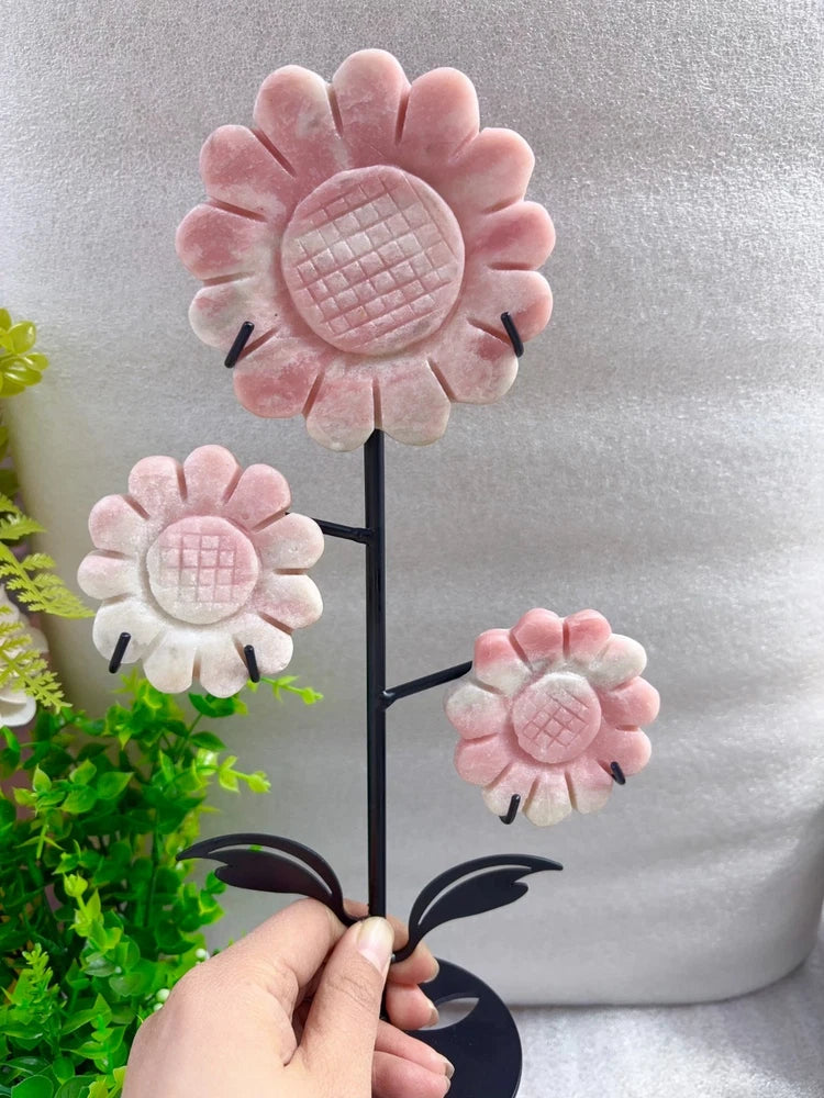 Pink carved crystal sunflower flowers on black stand, three-piece set