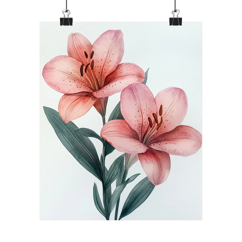 Pink lily flower art print poster with botanical leaves, minimalist floral wall decor