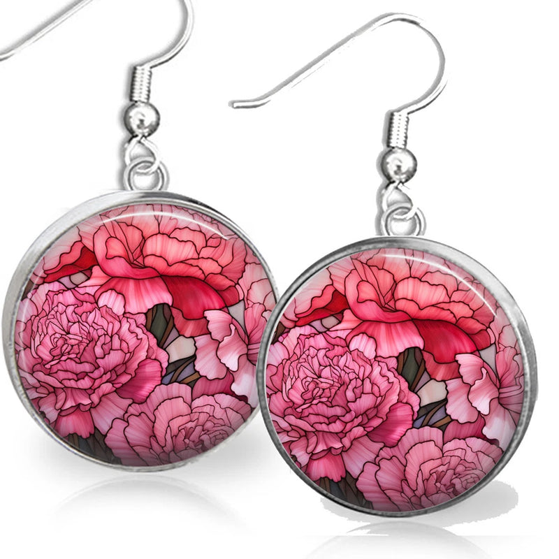 Watercolor flower earrings with round pink carnation pendant, silver-tone hooks