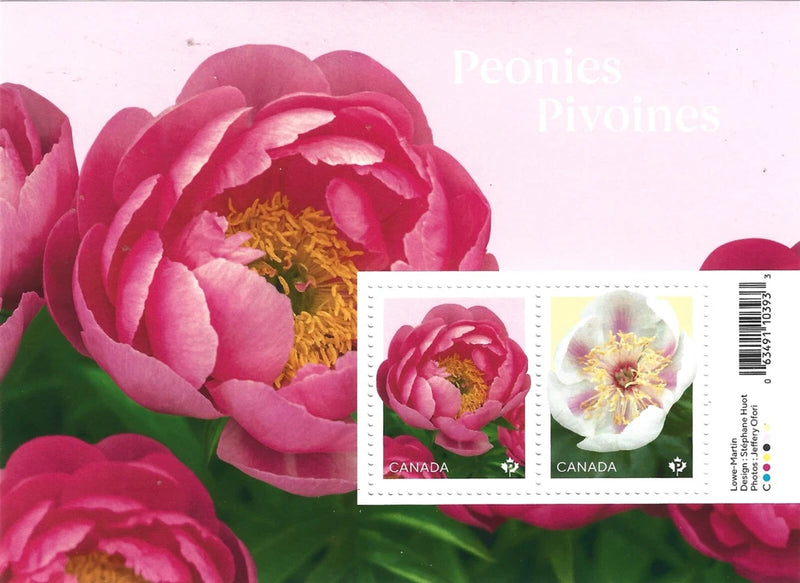 MNH Canada peonies souvenir stamp sheet with two pink flower stamps and circular cancel