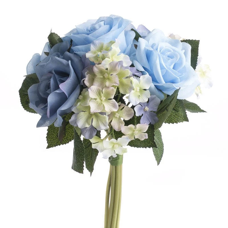 11" Blue Artificial Rose and Hydrangea Bouquet Hydrangea