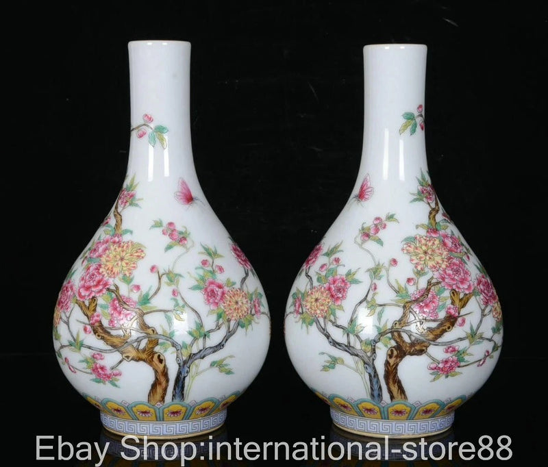 9" Qianlong Marked Porcelain Enamel Peony Flower Pattern Vase Bottle Pair Peony