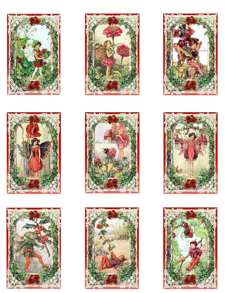 Vintage Red Flower Fairies A Designer MULTI-SIZE SET Cotton Fabric Quilt Blocks Flowering Plants