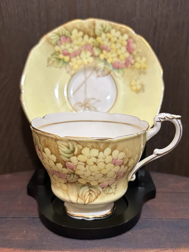 Paragon Vintage Double Warrant Yellow & Pink Hydrangea Flower Teacup and Saucer Hydrangea