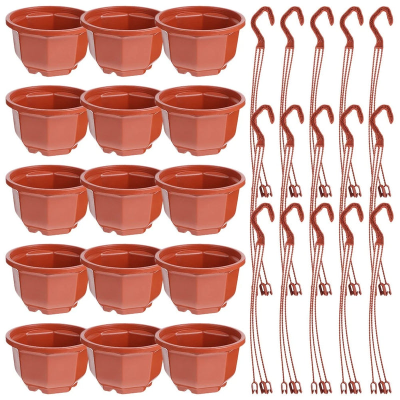 Terracotta indoor hanging planters set with 15 small flower pots and wire hooks
