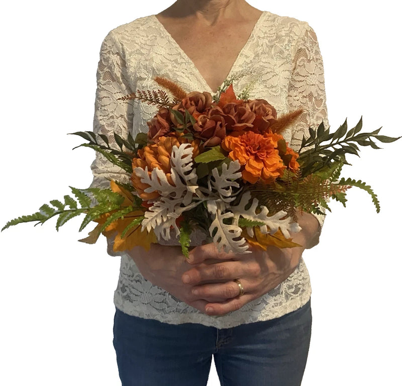 Bridal Wedding Bouquet Handmade Budget Friendly Faux Flowers Orange Red Fall Bouquet