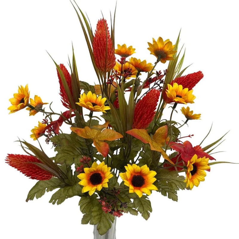Artificial mini sunflower floral bush with yellow blooms, red accents, and mixed green foliage