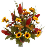 Set of 2 Artificial Mini Sunflowers with Mixed Foliage 17" Floral Bushes Sunflower