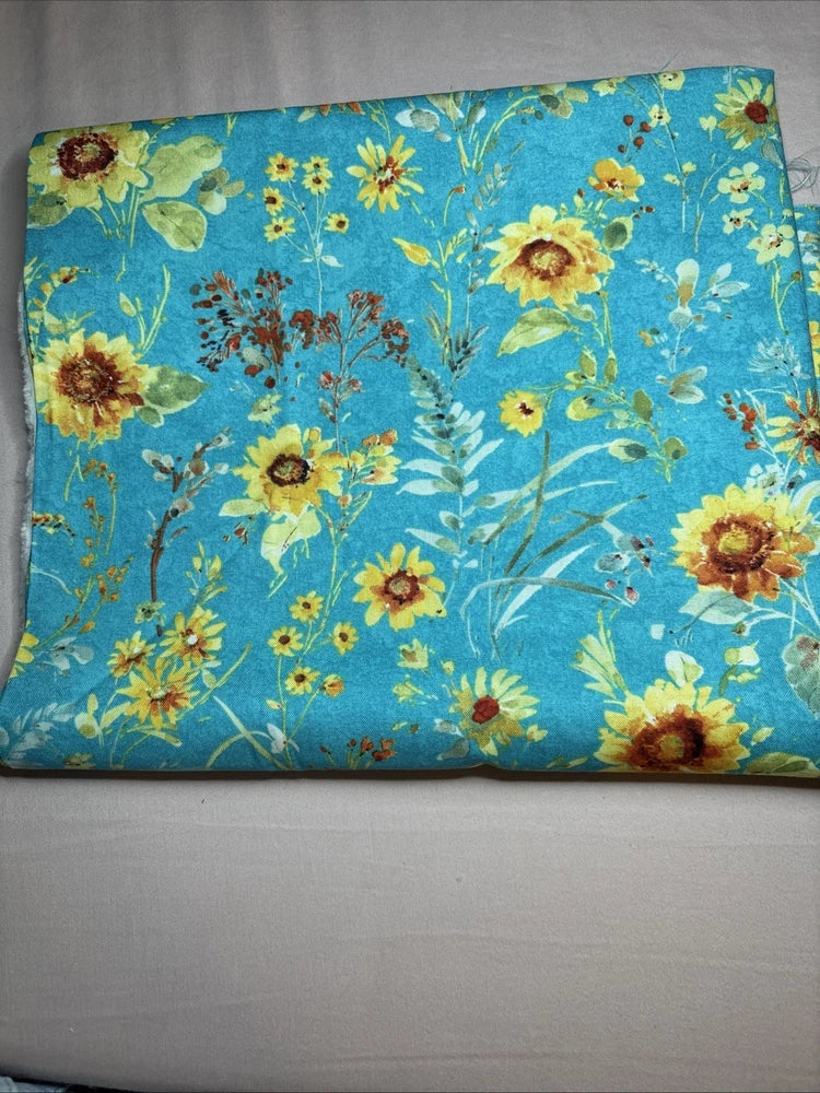 Sunflower-pattern fabric throw blanket, blue with yellow and gold blooms