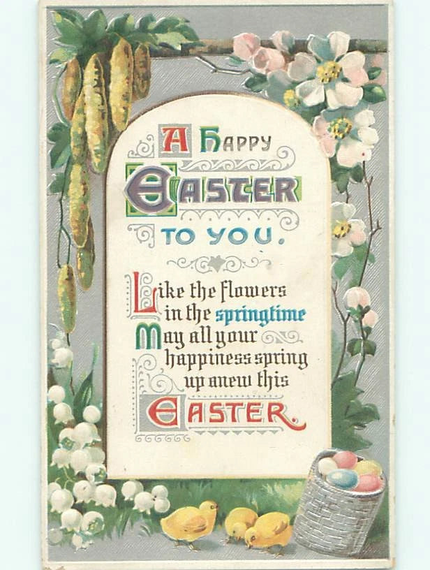 Easter greeting card with yellow chicks, lily of the valley flowers, and 'Happy Easter' text