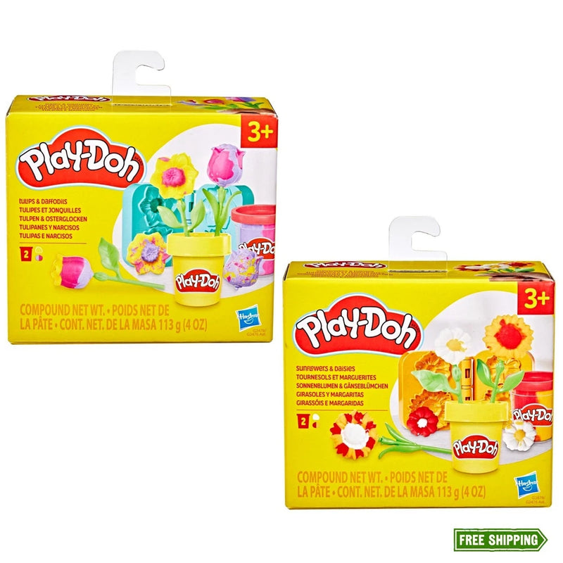 Play-Doh flower modeling clay two-pack, yellow boxes with tulip and daffodil designs