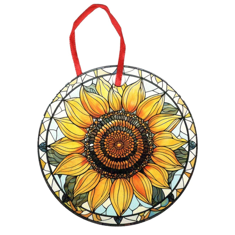 Round sunflower holographic ornament with red hanging ribbon, stained-glass style details