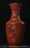 19.6" Old Chinese Qianlong Marked Red Lacquerwork Peony Flower Bird Pattern Vase Peony