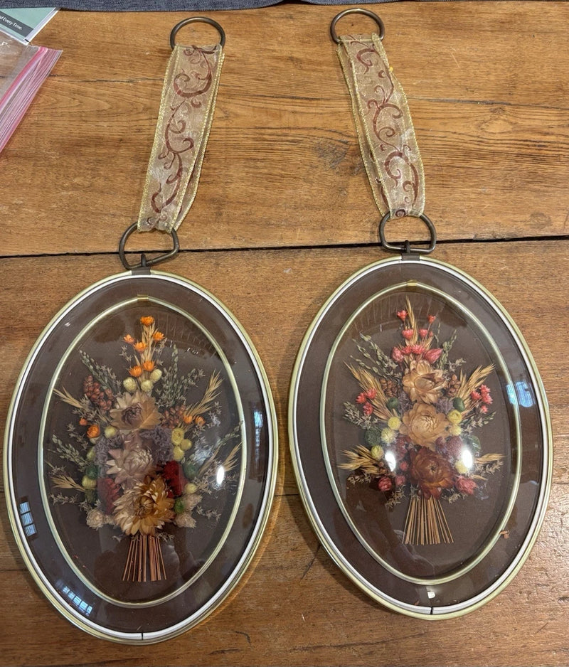 Pair of oval domed glass dried flower wall art with metal frames and hanging loops