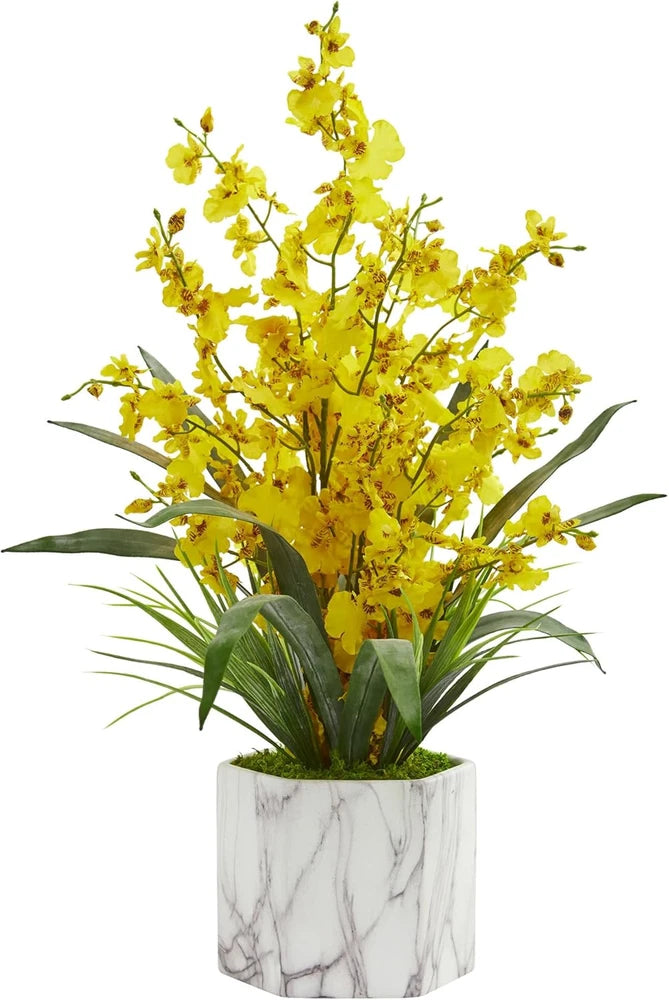 Vibrant Yellow Dancing Lady Orchid in Elegant Marble Vase - Silk Arrangement Green Plant