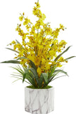 Vibrant Yellow Dancing Lady Orchid in Elegant Marble Vase - Silk Arrangement Green Plant