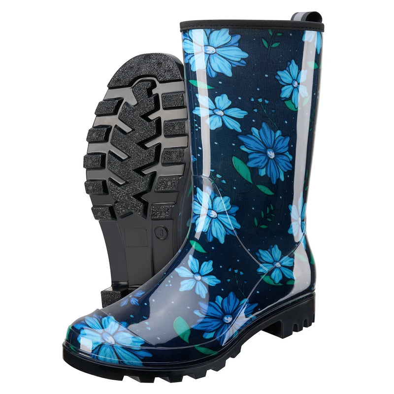 HISEA Women's Rubber Rain Boots Mid-Calf Waterproof Glossy Printed Garden Boots Sunflower
