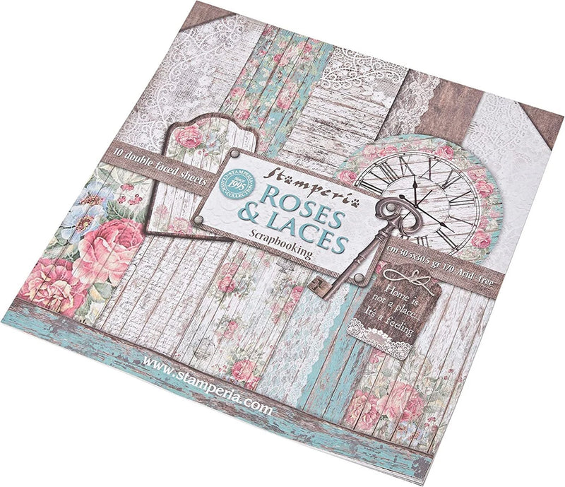 Scrapbooking paper pack, double-sided sheets with roses, lace and wood patterns