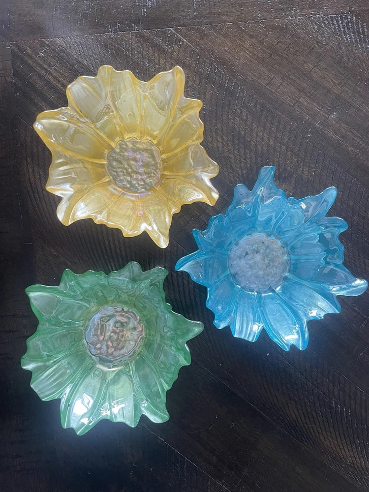 Glass Sunflower Decorative Bowls Set of 3 - Yellow, Blue, Green, 7" Sunflower