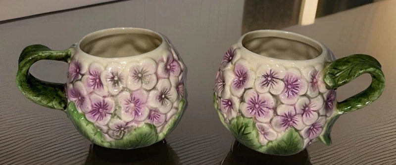 2 Vintage 3D Hydrangea Mugs Purple Floral Figural Ceramic Hydrangea
