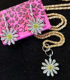 Gold DAISY Flower Rhinestone (Betsey Johnson) Handmade Necklace Earrings Set Daisies