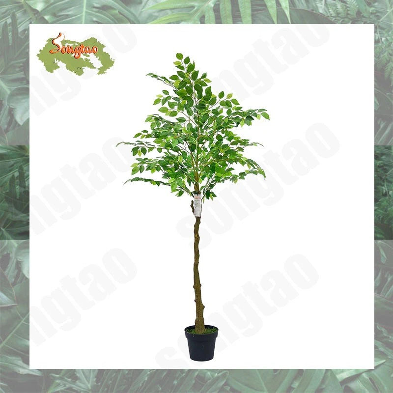 Artificial ficus tree with green faux leaves in a black plastic pot