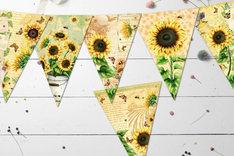 Vintage Style Sunflowers, Butterflies, Bees & Birds Summer Floral Bunting/Banner Sunflower