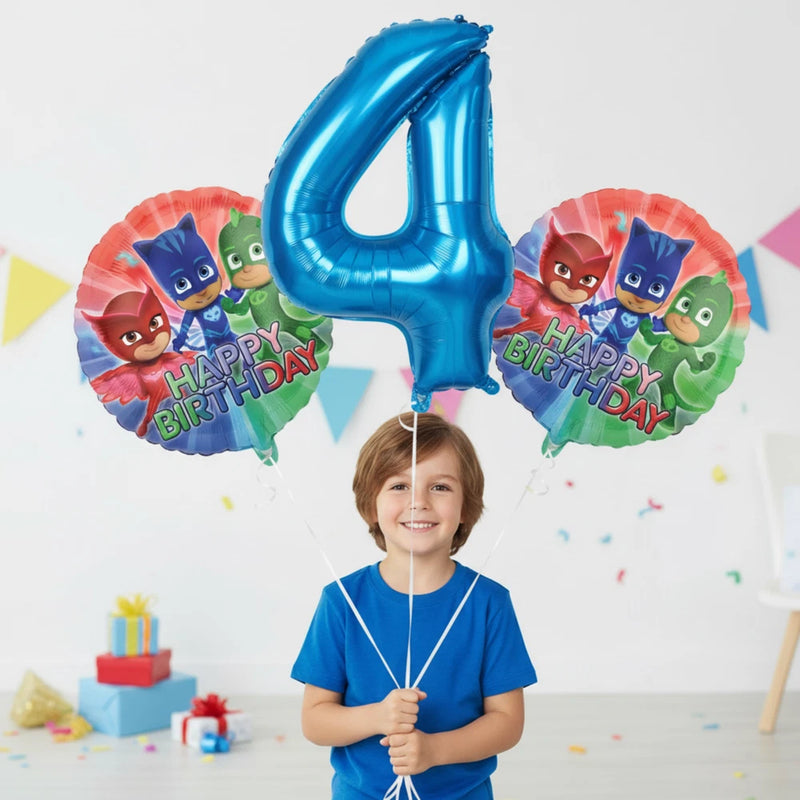 Blue number 4 balloon bouquet with PJ Masks character round balloons and banner