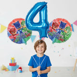 PJ Masks 4th Birthday Balloon Bouquet 18" Character Balloons + 34" Blue Number 4 Bouquet