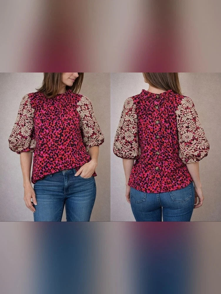 THML Embroidered Sleeve Leopard Print Blouse | Size S | Boho Chic Top Roses